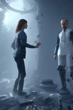 detroit become human, two people looking at each other , sci-fi fantasy style, volumetric lighting, particales,highly detailed,cinamatic, deep colours,8k.