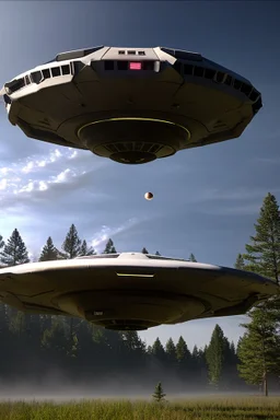 A photorealistic render of a ufo flying over school near pine trees as kids run up to it in wonder