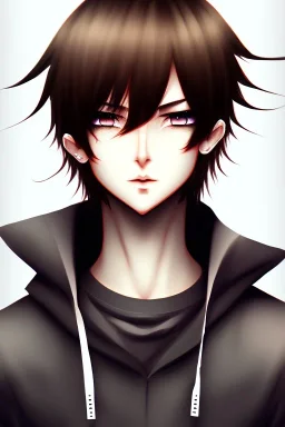 anime boy with short brown hair with split bangs, black outfit, brown eyes