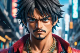 Luffy in 8k live action anime artstyle, one piece them, Young man, cyberpunk, dynamic pose, intricate details, highly detailed, high details, detailed portrait, masterpiece,ultra detailed, ultra quality