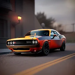 3d rendering. Miniature, Diacast 2019 dodge Challenger, racing background, Lost in Time, cinematic lighting