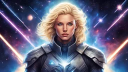 guerriero galattico mantello astronave madre astronave spada laser spazio stellato firmamento luminoso volto umano da UOMO biondo bionico nordico