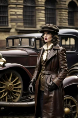 young woman with straight shoulder-length hair, dressed in brown leather trousers and waistcoat, leather gloves and a fascinator in an old industrial courtyard, next to a steampunk steam car