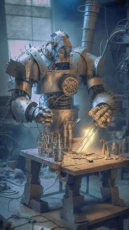 mad scientist, medieval metal golem being made, operation table