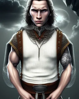 A short guy with a round head and big muscles wearing a net undershirt, a jacket, and a beanie that does not cover the ears. He has a small chain around his neck, baggy pants, and white wooden shoes. lord of the rings style