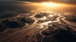 realistic photo, aerial view of a landscape covered in mud and ash that looks futuristic with futuristic lighting, horizon