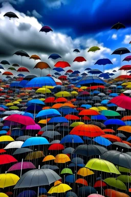 Cloudy sky. It's raining. The sky is fully filled with so many umbrellas of diverse colors.