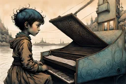 create a highly ethereal, darkly magical lithographic print illustration of a lonely orphan girl with short cropped hair, playing the piano , with highly detailed and deeply cut facial features, in the the style of JEAN-BAPTISTE MONGE and JEAN GIRAUD MOEBIUS, searing lines and forceful strokes, precisely drawn, boldly inked, and darkly colored