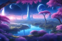 futuristic landscape, uninhabited planet, shiny transparent domes, several suns, magnificent blue light, magnificent trees and nature, blue river and pink flowers over there with many stars bright