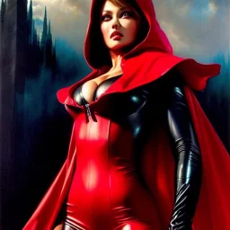 fullbody portrait 'beautiful sexy busty mature Red Riding Hood',wearing black skintight latex suit,hyperrealistic skin,Hyperrealistic Big eyes,painting by gaston bussiere, greg rutkowski, yoji shinkawa, yoshitaka amano, tsutomu nihei, donato giancola, tim hildebrandt, oil on canvas, cinematic composition,sharp image, extreme detail,((fit full head inside picture)),32k