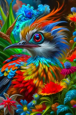 close up of a Fantasy miniscule bird, the bird has googly eyes, and fantasy flowers and trees professional award-winning masterpiece rich colored airbrush oil painting on canvas Atmospheric extremely detailed Floyd Cooper
