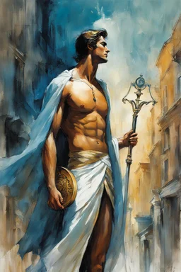 Alex Maleev, unused cover illustration, 2005: [greek god model in flesh] A man resembling Apollo with the Lyre emerges in a vibrant city, captivating all who cross his path. With an ethereal beauty and serene demeanor, he exudes divine inspiration. His flowing robes and elegant posture reflect his grace and creativity. Apollo's presence ignites the imaginations of artists, musicians, and poets, urging them to create extraordinary works. His enchanting aura draws people towards him, awakening a l