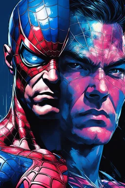 Poster in two gradations, split in half, one side "spiderman", other side "superman", midline of the face, painting by Yoji Shinkawa, dark blue and pink detailed iridescent, metallic, translucent, dramatic lighting, hyper futuristic, digital art,