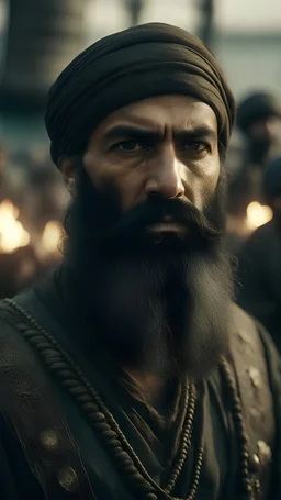Huge Muslim commander not looking at the camera, black beard, square face, addressing his soldiers near the seashore, burning ships, light clothes, war clothes, great focus, great features, macro photography, best quality, high quality, high detail, 16k , HD, 1080p, high quality, detailed textures, crazy details, ultra-high-definition picture quality