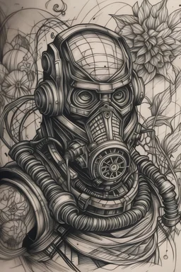 Sketch of a tattoo in the form of a steam/dieselpunk gasmask tattoo surrounded by elements like barbed wire, roses, spiders, raven, birds, 4k, full hd, realism