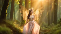 A gorgeous smiling Asian model in a fairy outfit with great glittering wings in a magic forest with 1000 y/o trees, a small torrent, loads of mini flowers, moss, sun rays through the branches, particles in the air at dawn