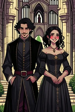 Strahd von Zarovich smiling, dressed in black and Ireena Kolyana frowning, wearing a wedding dress standing outside Castle Ravenloft in the illustrated style of dungeons and dragons