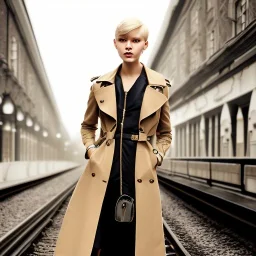 A beautiful slender well dressed young Russian woman with short blonde hair and a black trench coat, waiting for a man at night at a train station in London