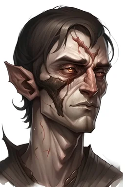 a dead half-elf, half of his face burned, a scar on his neck from an incision