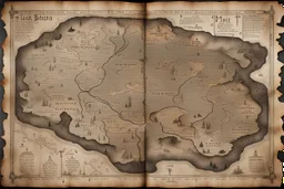 an ancient printed road map of a fictional place that was black and white and uses a Cree syllabic font, but has since been stained and weathered