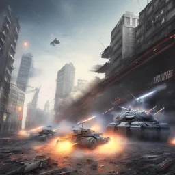 Soldier on a battle on destructed urban core with tanks and jet above them