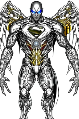 Facing front mechanical cyborg l Superman straddle wings detailed, intricate, mechanical, gears cogs cables wires circuits, gold silver chrome copper