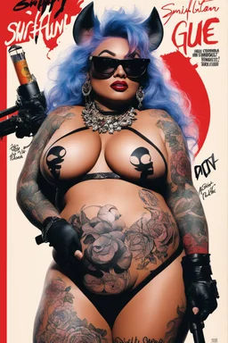SNIFFIN’ GLUE magazine high res photo cover by Ralph Steadman: special bombshell in agent provocateur for her with curvy tattoos issue; guest star : Bebop and Rocksteady