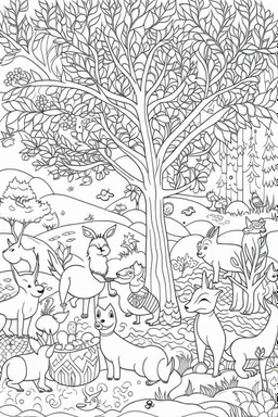A coloring page bold ink sketch illustration drawing of A festive woodland scene with animals wearing Santa hats and exchanging gifts under a snow-covered tree.