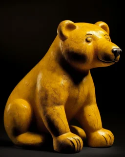 A yellowish orange colored earth elemental bear designed in African pottery painted by Albert Pinkham Ryder