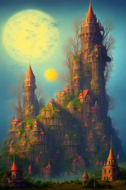 A surreal landscape with odd houses in Max Ernst style