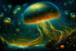 art Atlantic Ocean storm of glowing jellyfish and lights in the night, Catherine Welz Stein, Dmitry Vishnevsky, Josephine Wall. Josephine Wall