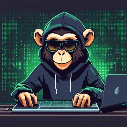 A grinning Monkey sitting in front of a laptop, hacking systems, wearing a hoodie and sunglasses. Matrix in background. Pixel Art. Profile Picture. Avatar. Pixel