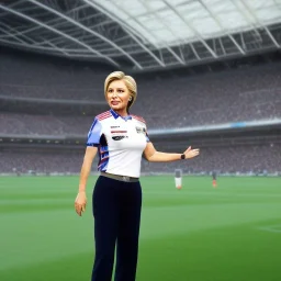 Hillary Clinton in a referee jersey officiating for a soccer match at Wembley Stadium