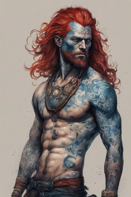 full body character concept illustration of a long red haired, blue tattooed Pict tribesman, , maximalist, sharp focus, highest resolution, in the styles of Denis Forkas , and Masahiro Ito, boldly inked, 8k, coarse, gritty textures