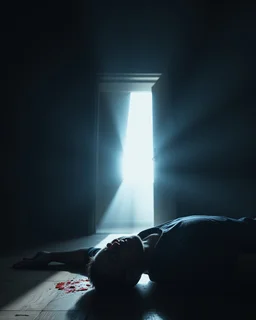 In a dark room, light streams in through an open door symbolizing new possibilities, hope, and overcoming problems.a man is laying down dead with his face is bloody