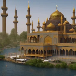 Paradise, a mosque on the river, a Islamic city, realistic, Quran, and cinematic license.