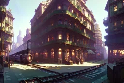 Train I'd sir over corner building+train+corner building +A greengrocer in colorful genoa street+Italian medieval town +Italian city sea+alphonse mucha, greg rutkowski,matte painting, cryengine, hyper detailed, felix kelly, fantasy art, seb mckinnon