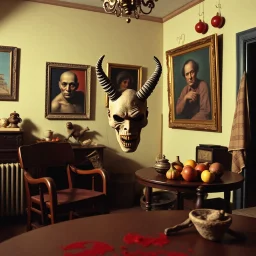 Flash photo of a room, 1980 horror movieshot, with chair, table, odd objects in background, ugly and scary mask, odd paintings hanging in the walls, rotten fruits, pair of glasses, horns, skin