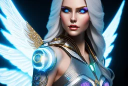 A beautiful portrait of a cute smiling cyber woman with wings, long blond platinum hair, luminous blue eyes, high key lighting, volumetric light high details with blue and white stripes white luminous celtic paterns, beam starry background