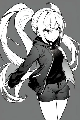 blonde girl with ponytails dressed in a jacket and shorts walks angry, greyscale