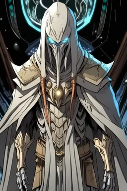Anime alien villain character with white skin, huge , evil, smart,too much modern armour and wearing a robe cover half of his head , aged thousand years