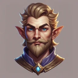 Generate a dungeons and dragons character portrait of the face of a male cleric of twilight handsome rock gnome blessed by the goddess Selune. He hasvery light brown hair, eyebrows, moustache and goatee. He's 19 years old.