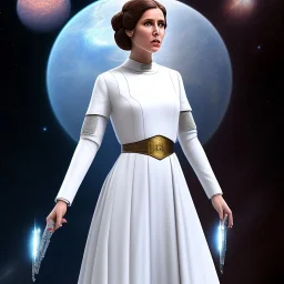 model shoot style, digital art zoomed out portrait of (Princess Leia) ((dressed in white and off white gown)), surrounded by 100 planets, ultra-detailed, ultra quality, illustration, eerie atmosphere, 8k, cinematic lighting