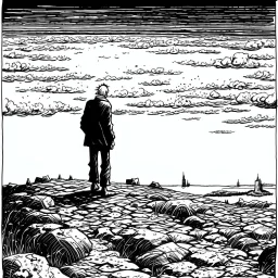 a alone man. pen and ink, birds eye view, illustrated by hergé, Background space and earth
