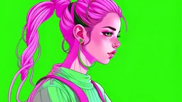 vaporwave girl, highpigtails, hair is green and pink,