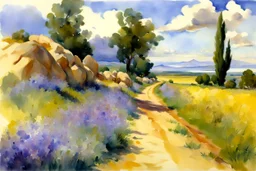 Sunny day, clouds, dirt road, flowers, mountains, big rocks, trees, sci-fi, john singer sargent watercolor paintings