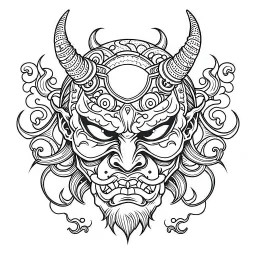 White, minimalis line art , oni mask japanes , vector, white background, outline, with images neatly contained within the background, just black and white color, tatto style.