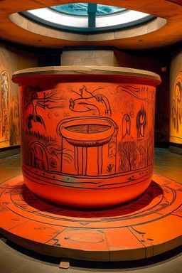 A salmon orange colored electrical alloy reactor sanctum designed in native American petroglyphs painted by Pieter Bruegel the Elder