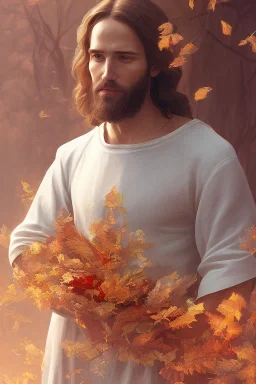 Jesus portrait , detailed hands, at dawn by atey ghailan, golden light , white robe, holding leaves and flowers , angels background, volumetric light, high detail, red leaf tree, mountains in background, perfect