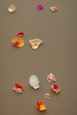 Human footprints, shells and flower petals scattered in the sand on the beach Hyper realistic, oil on canvas award winning fantastic view ultra detailed acrylic art Ultra realistic Impressionism Surrealism simen johan, sharp focus intricate oil on canvas cinematic lighting photorealistic high detail ultra detailed crisp quality colourful in sunshine